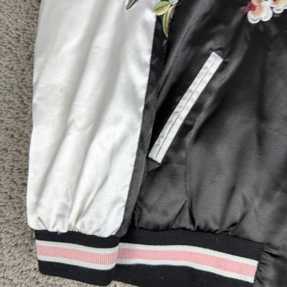 ZAFSIBLINGS Jacket Womens Small Black Pink Reversible Satin Bomber Floral - Picture 4 of 16